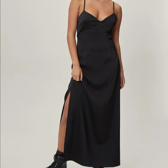 princess polly baby blue dress Dresses | Petite Satin Cowl Back Split Side Maxi Dress Black